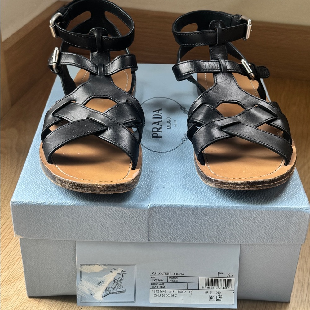 Prada Black Leather Strappy Gladiator Sandals